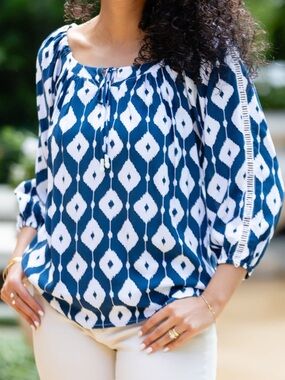 Walker & Wade Navy & White Ikat Peasant Top